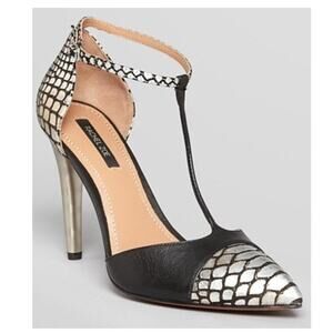 Rachel Zoe "Franco" T-Strap Snakeskin Embossed Stiletto Pumps